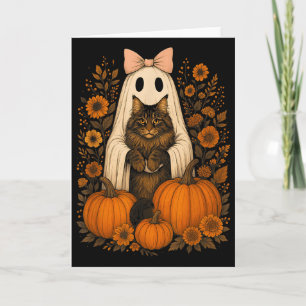 Tarjeta Fantasma vintage de Halloween sosteniendo gato Mai