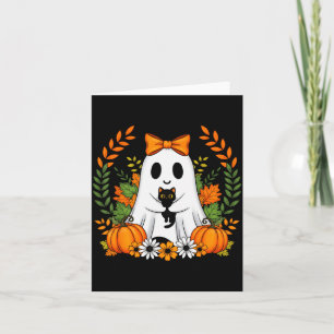 Tarjeta Fantasma vintage de Halloween sosteniendo gato neg