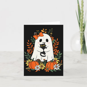 Tarjeta Fantasma vintage lindo con gato negro y calabazas