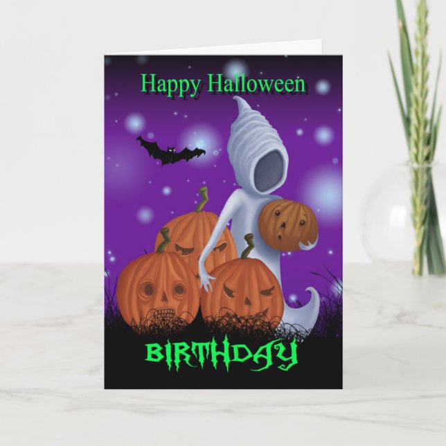 Tarjeta Fantasma y calabazas del cumpleaños de Halloween (Anverso)