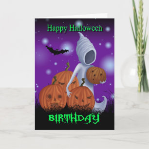 Tarjeta Fantasma y calabazas del cumpleaños de Halloween