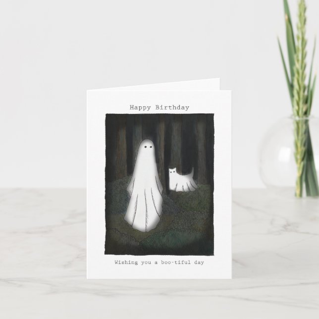 Tarjeta Fantasma y gato fantasma lindo divertido cumpleaño (Anverso)
