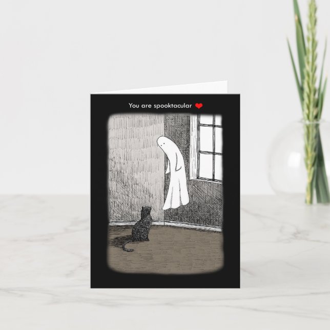 Tarjeta Fantasma y gato negro escalofriante arte gótico am (Anverso)
