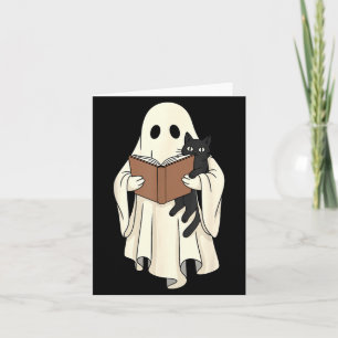 Tarjeta Fantasma y gato negro leyendo Halloween
