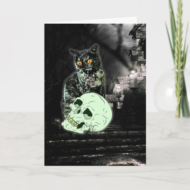 Tarjeta fantasmagórica de Halloween del gato del (Anverso)