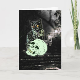 Tarjeta fantasmagórica de Halloween del gato del