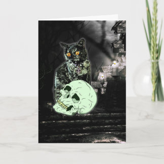 Tarjeta fantasmagórica de Halloween del gato del