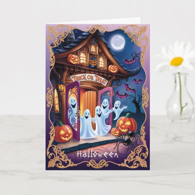 Tarjeta Fantasmas adorables de Halloween en la puerta (Planta pequeña)