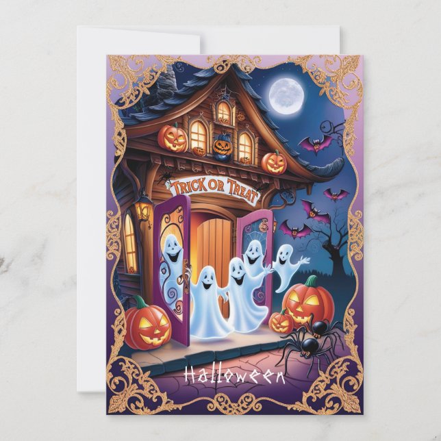 Tarjeta Fantasmas adorables de Halloween en la puerta (Anverso)