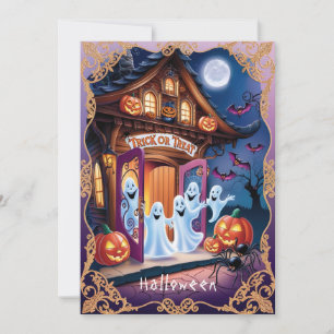 Tarjeta Fantasmas adorables de Halloween en la puerta