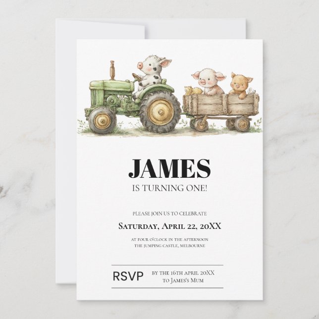 Tarjeta Farm Tractor Birthday Invitation | Barnyard Animal (Anverso)