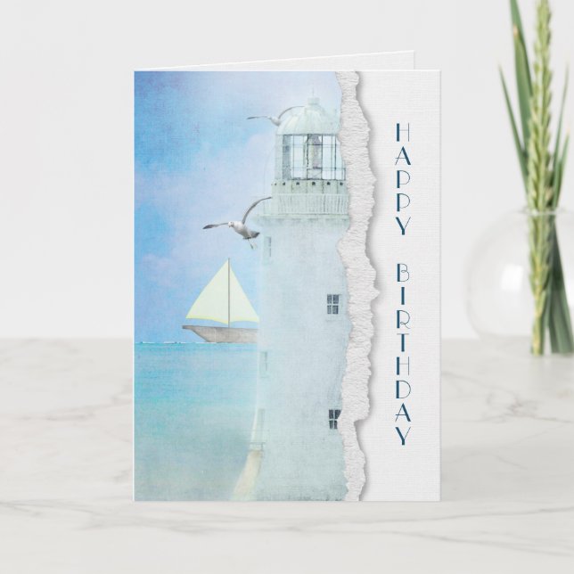 Tarjeta faro blanco de cumpleaños y velero (Anverso)