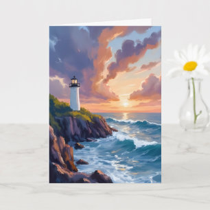 Tarjeta Faro Costero Atardecer Pintura de Playa y Océano