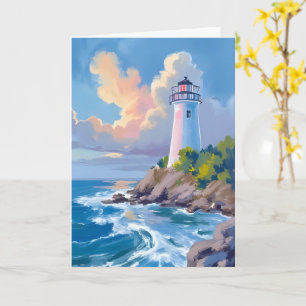 Tarjeta Faro costero olas del mar océano azul