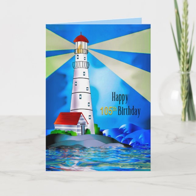 Tarjeta Faro de cumpleaños número 105, luz para el mar (Anverso)