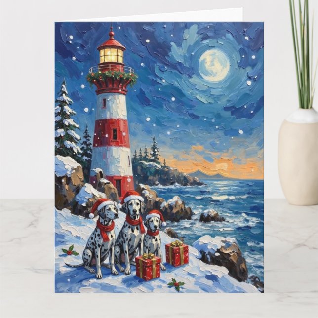 Tarjeta Faro de Navidad Dálmata Feriado (Anverso)