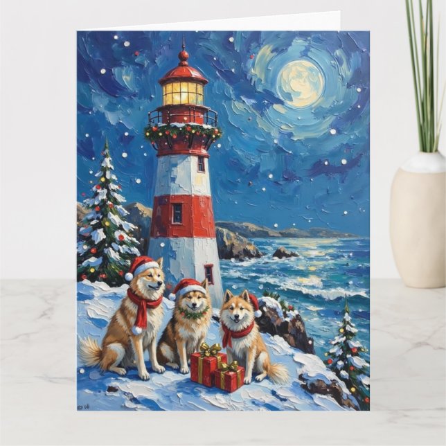 Tarjeta Faro de Navidad Samoyed Fiesta (Anverso)