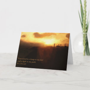 Tarjeta Faro, océano y puesta del sol de la escritura de