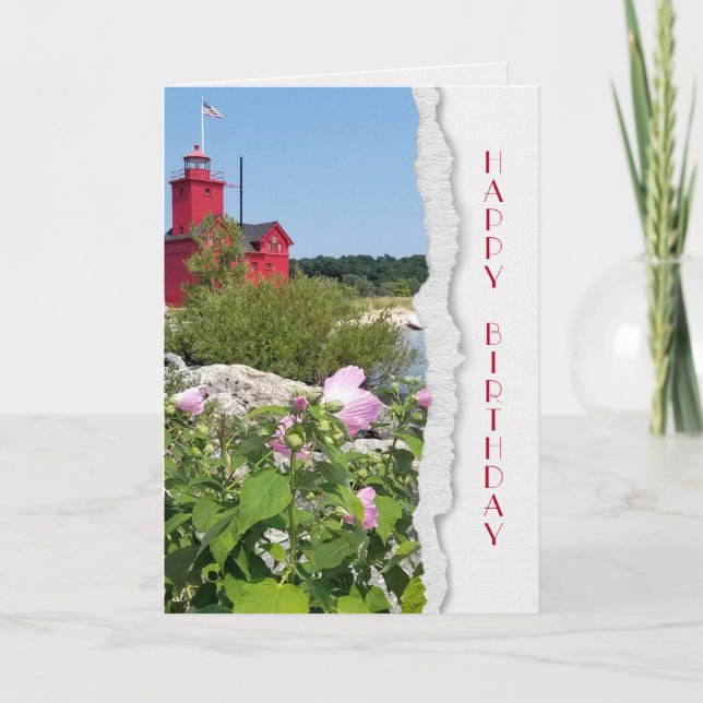 Tarjeta Faro Rojo de Michigan e Hibiscus (Anverso)