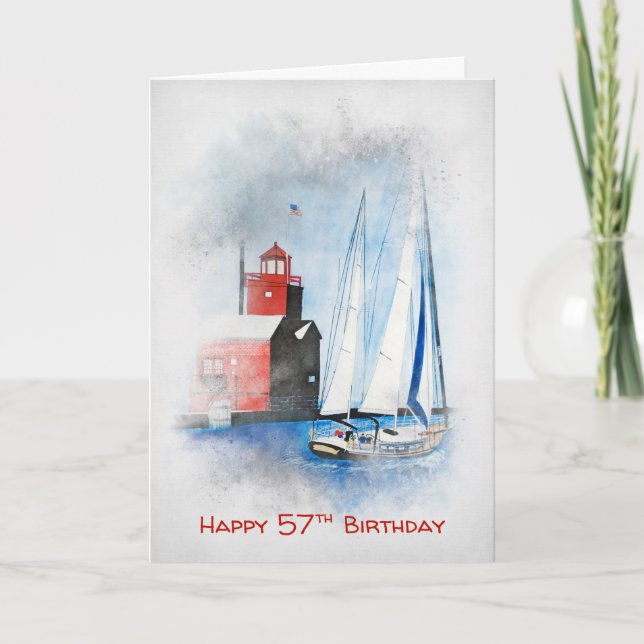 Tarjeta Faro Rojo y velero 57 cumpleaños (Anverso)