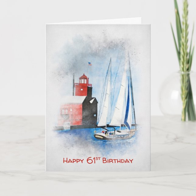 Tarjeta Faro Rojo y velero Cumpleaños 61 (Anverso)