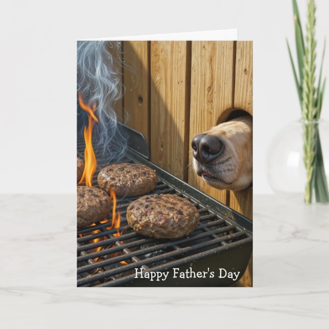 Tarjeta Father's Day Dog Sniffing Hamburgers On a Grill (Anverso)