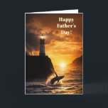 Tarjeta Fathers Day with Lighthouse Whale Sunset Ocean<br><div class="desc">Celebrate a special man this Father’s Day with the stunning image of a whale breaching from the depths of the sea at sunset,  as a lighthouse casts its guiding light across the water.</div>