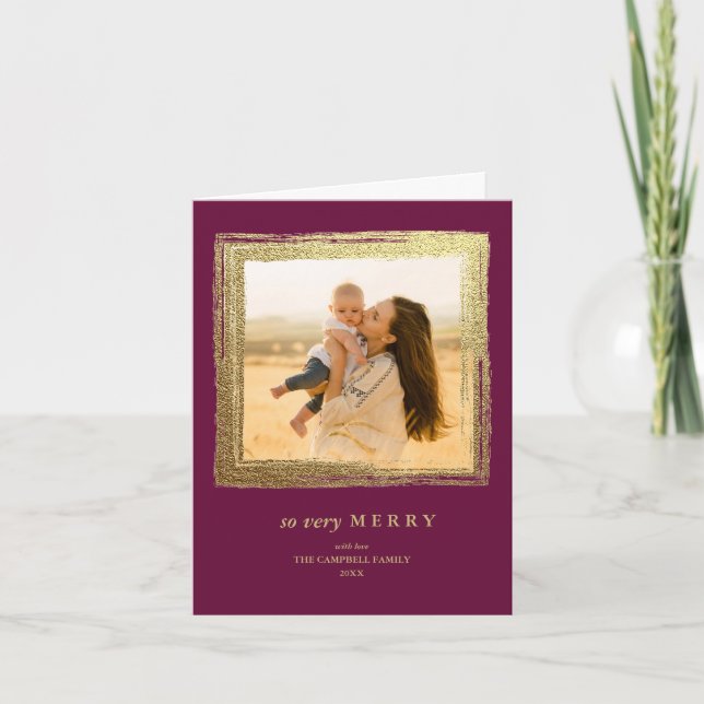 Tarjeta Faux Gold Frame Holidays Navidades Foto Borgoña (Anverso)