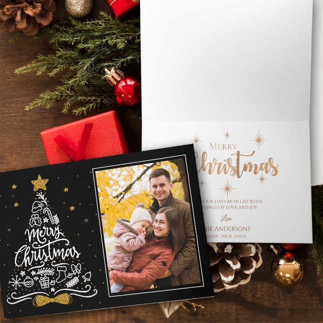 Tarjeta Faux Gold Purpurina Star Typography Navidades Foto (Faux Gold Glitter Star Typography Christmas Photo Card)