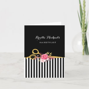 Tarjeta Faux Gold Scissors Stripes Pink Floral Hair Salon