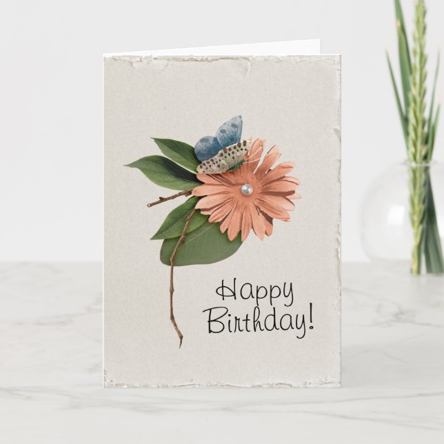 Tarjeta Faux Handmade Happy Birday Flower Butterfly (Anverso)
