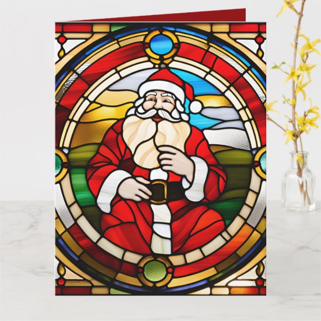 Tarjeta Faux Stained Glass Sitting Santa (flor amarilla)