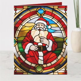 Tarjeta Faux Stained Glass Sitting Santa