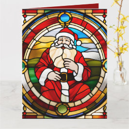 Tarjeta Faux Stained Glass Sitting Santa