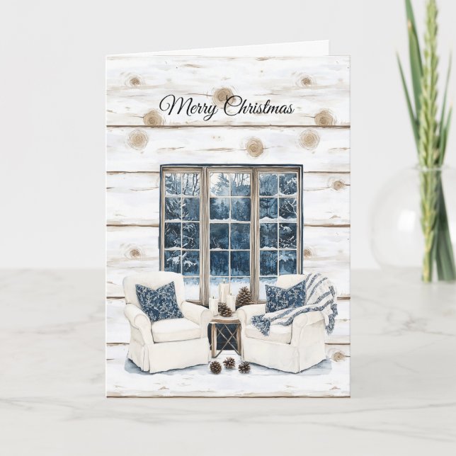 Tarjeta Faux Wood Cozy Country Christmas Trees Window (Anverso)