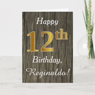Tarjeta Faux Wood, Faux Gold 12th Birthday + Custom Name