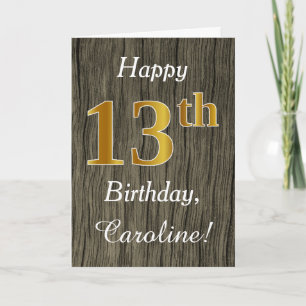 Tarjeta Faux Wood, Faux Gold 13th Birthday + Custom Name
