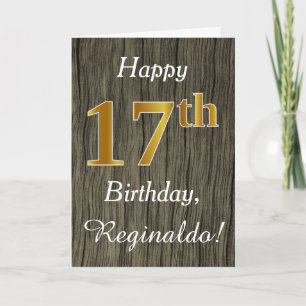Tarjeta Faux Wood, Faux Gold 17th Birthday + Custom Name