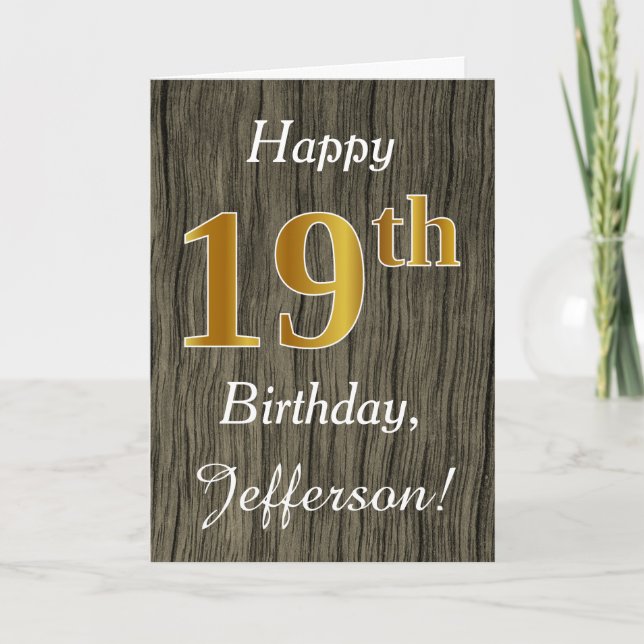 Tarjeta Faux Wood, Faux Gold 19th Birthday + Custom Name (Anverso)