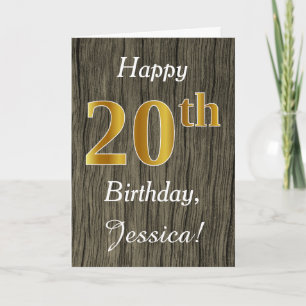 Tarjeta Faux Wood, Faux Gold 20th Birthday + Custom Name