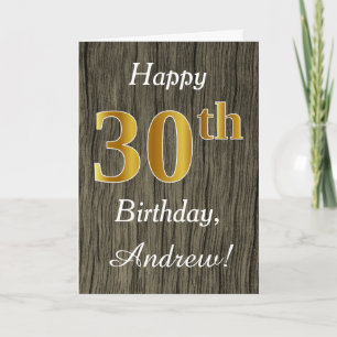 Tarjeta Faux Wood, Faux Gold 30th Birthday + Custom Name