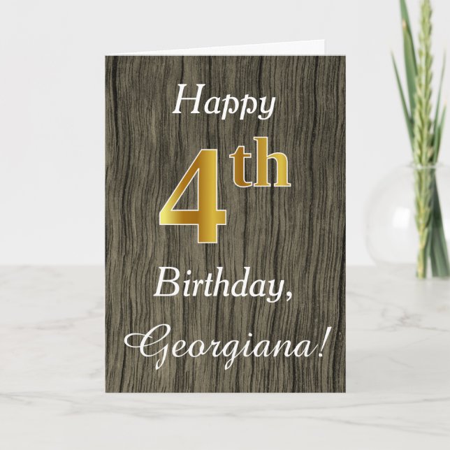 Tarjeta Faux Wood, Faux Gold 4Cumpleaños + Custom Name (Anverso)