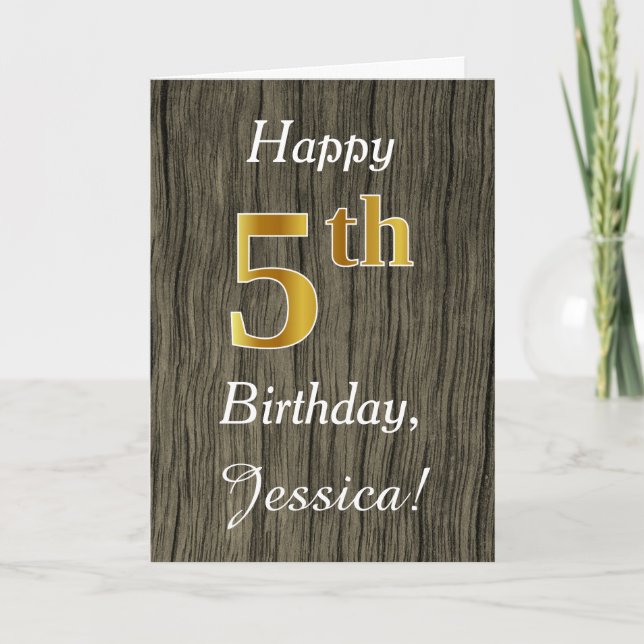 Tarjeta Faux Wood, Faux Gold 5Cumpleaños + Custom Name (Anverso)