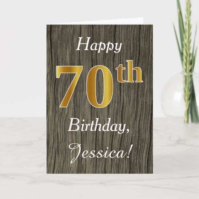 Tarjeta Faux Wood, Faux Gold 70th Birthday + Custom Name (Anverso)