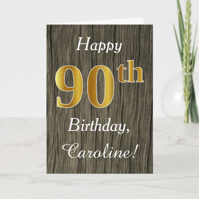 Tarjeta Faux Wood, Faux Gold 90th Birthday + Custom Name (Anverso)