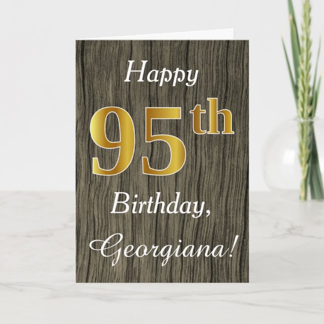 Tarjeta Faux Wood, Faux Gold 95th Birthday + Custom Name (Anverso)