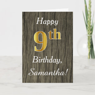 Tarjeta Faux Wood, Faux Gold 9Cumpleaños + Custom Name