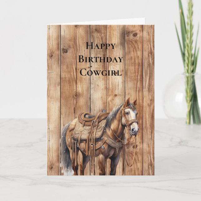 Tarjeta Faux Wood Western Cowboy Cowgirl Horse Birday (Anverso)