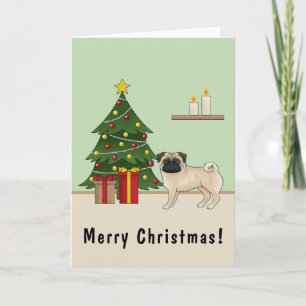 Tarjeta Fawn Pug Cute Cartog Perro Con Un Árbol De Navidad