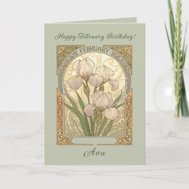Tarjeta February Birthday Iris Flowers Art Nouveau Style (Anverso)